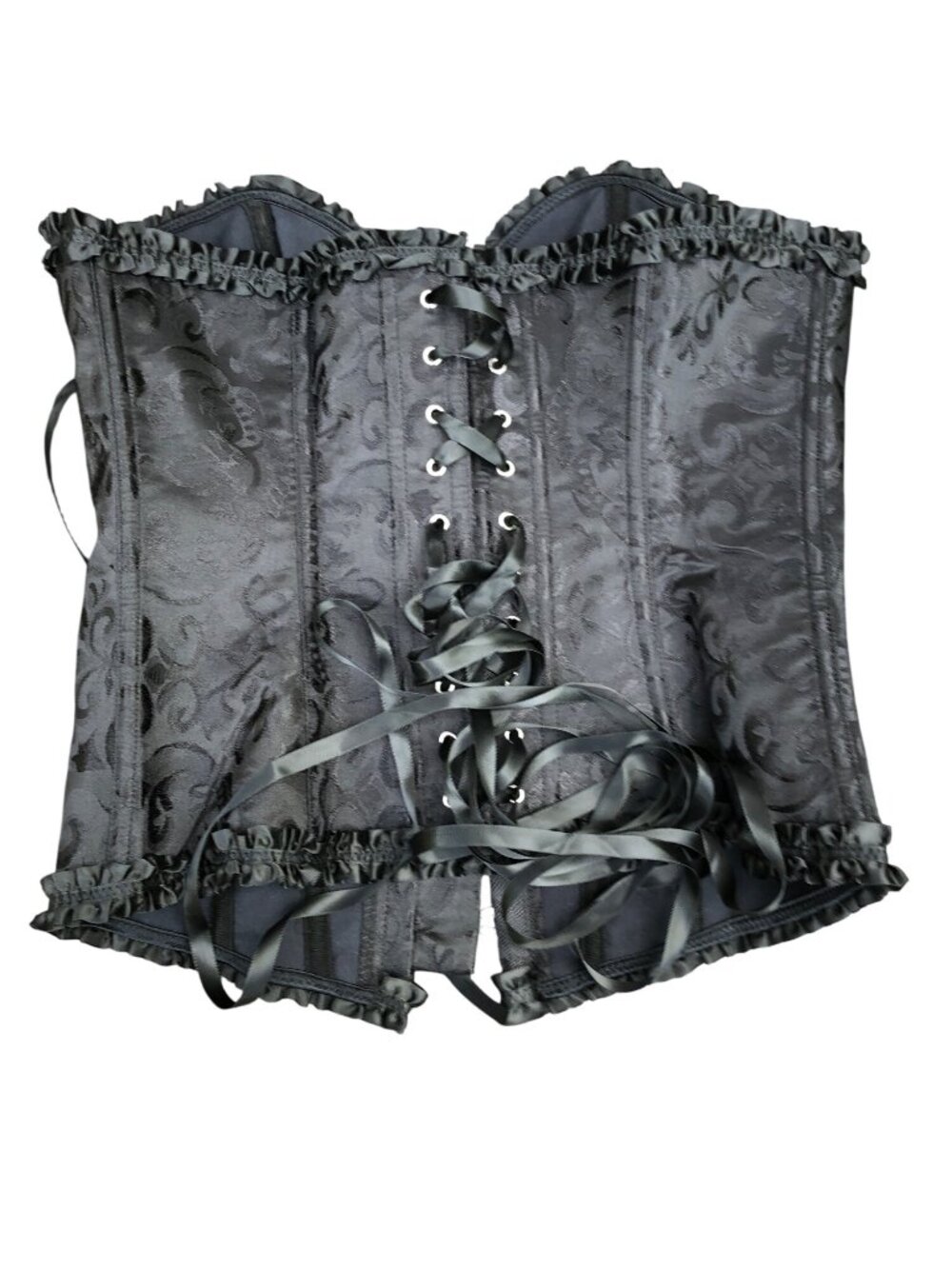 Corset Womens M Black Brocade Top Lace-Up Ruffle Bustier Fairy Witchy Vamp Medie - Picture 2 of 6